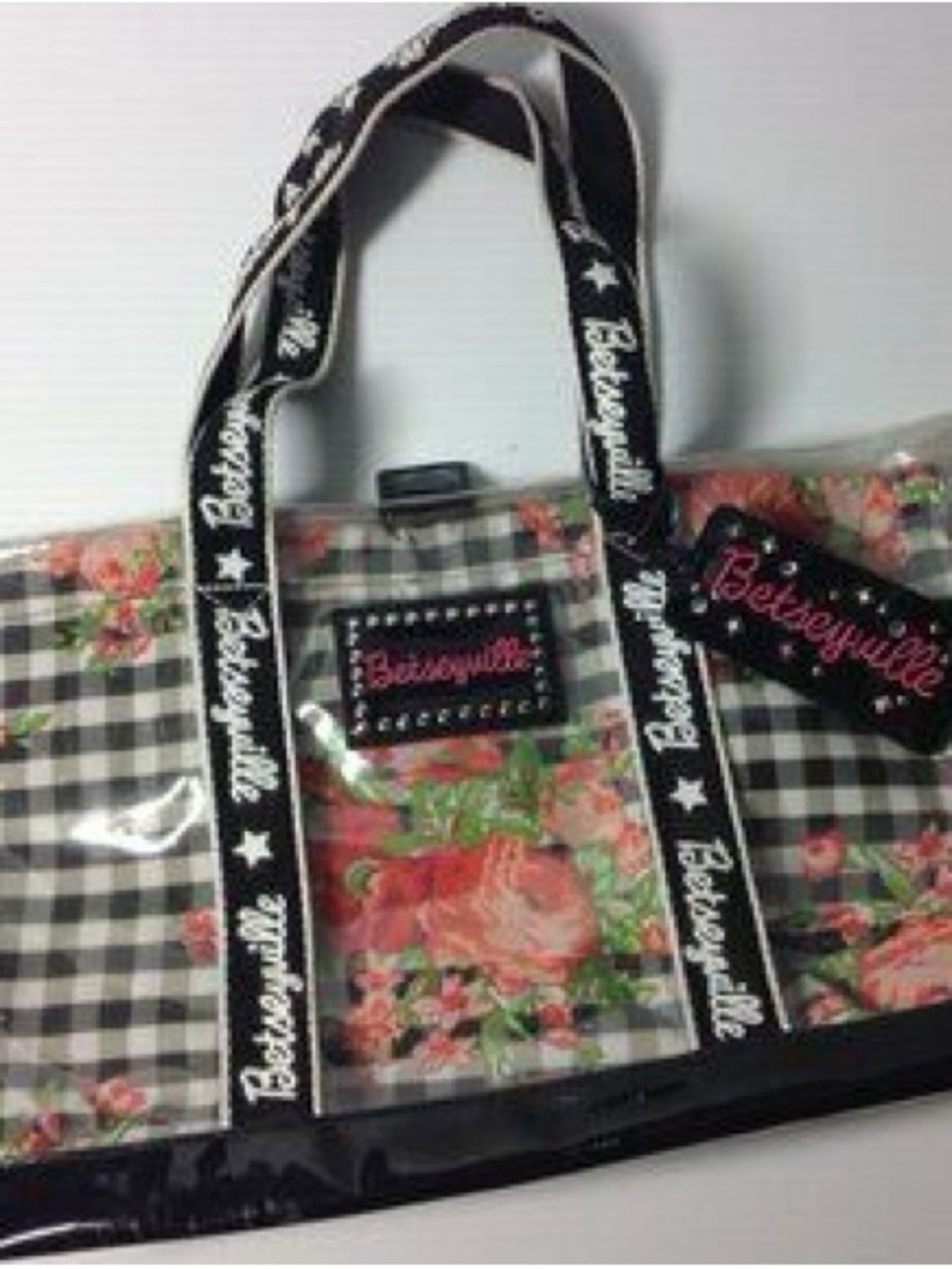 VTG Betseyville by Betsey Johnson Clear PVC Gingham Rose Tote Bag Y2K - Picture 3 of 4